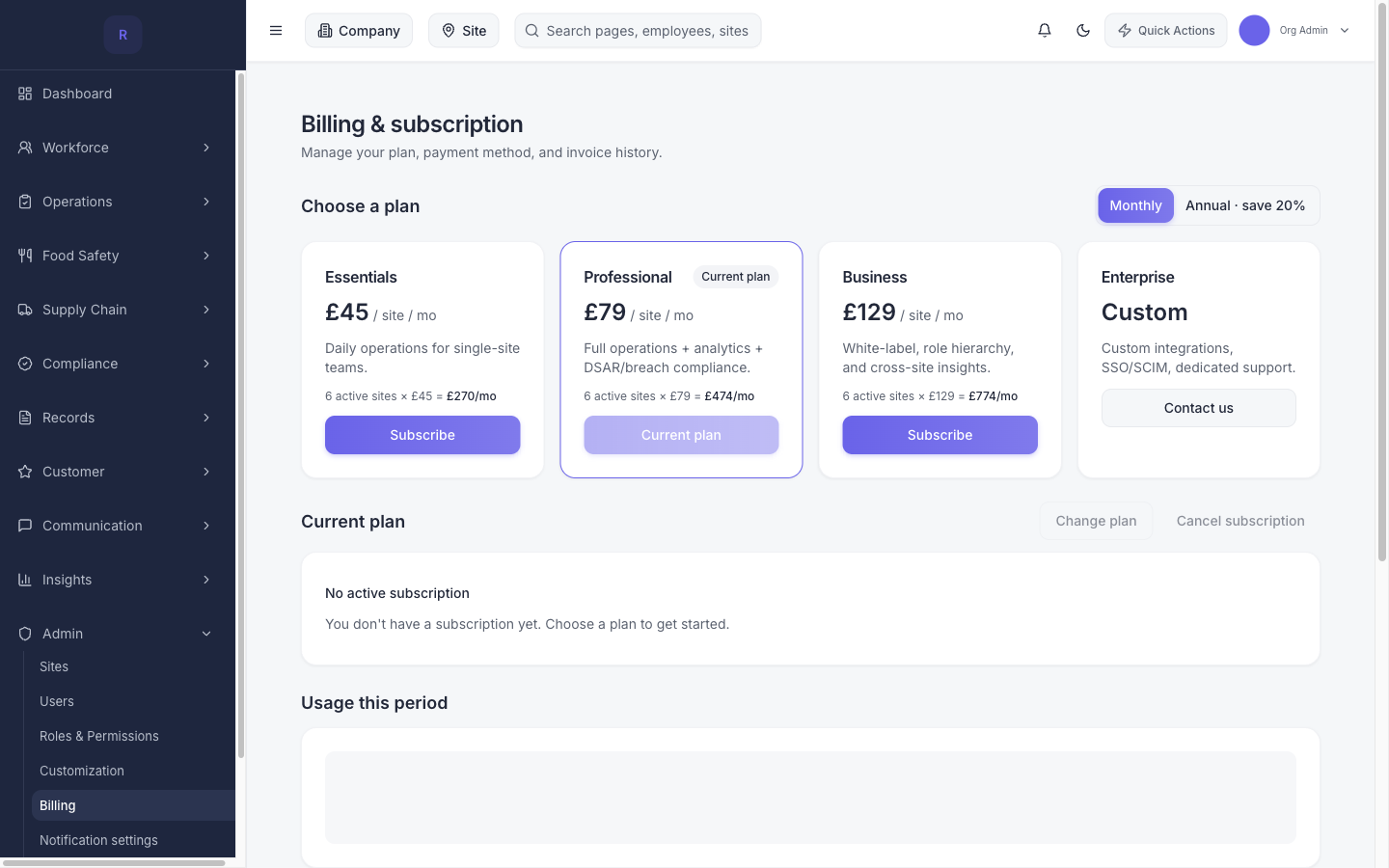 The real Recordme billing page: the four tiers with live per-site totals for the estate, plan management and usage.