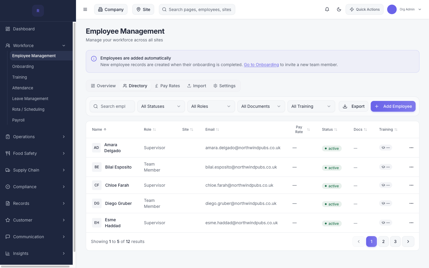 The real Recordme employee directory: the team across sites with roles, status, documents and training at a glance.
